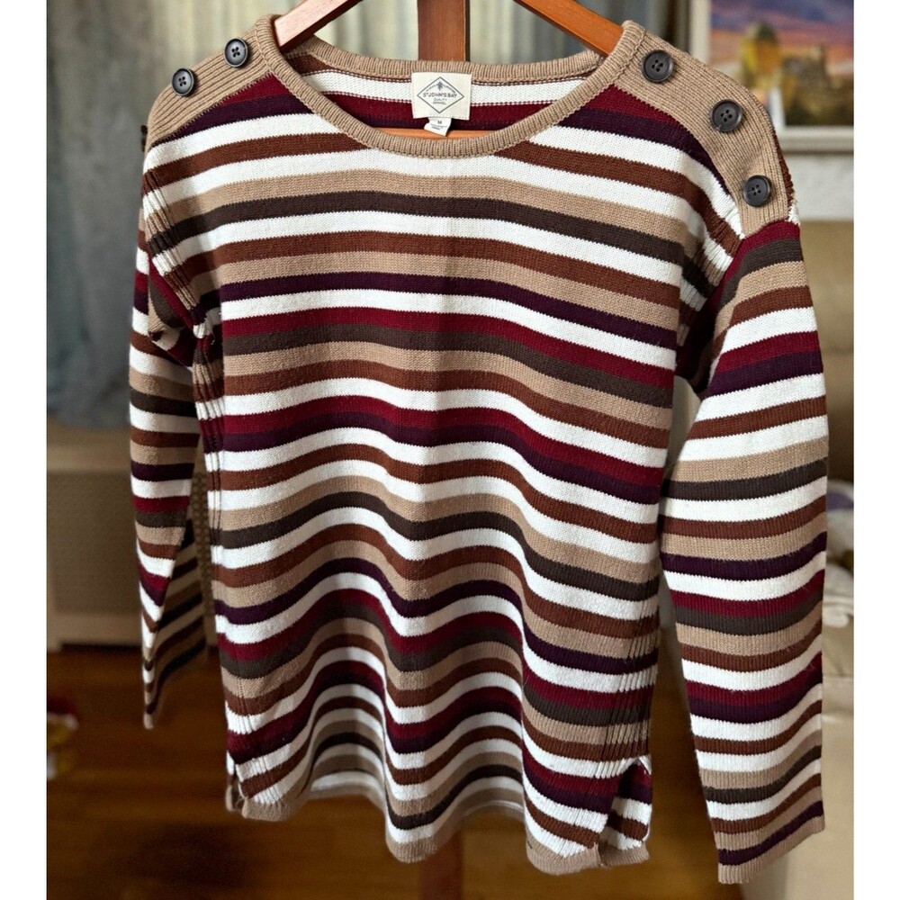 St. John's Bay Women’s M Beige Striped Knit Pullover Sweater Crew Neck Buttons